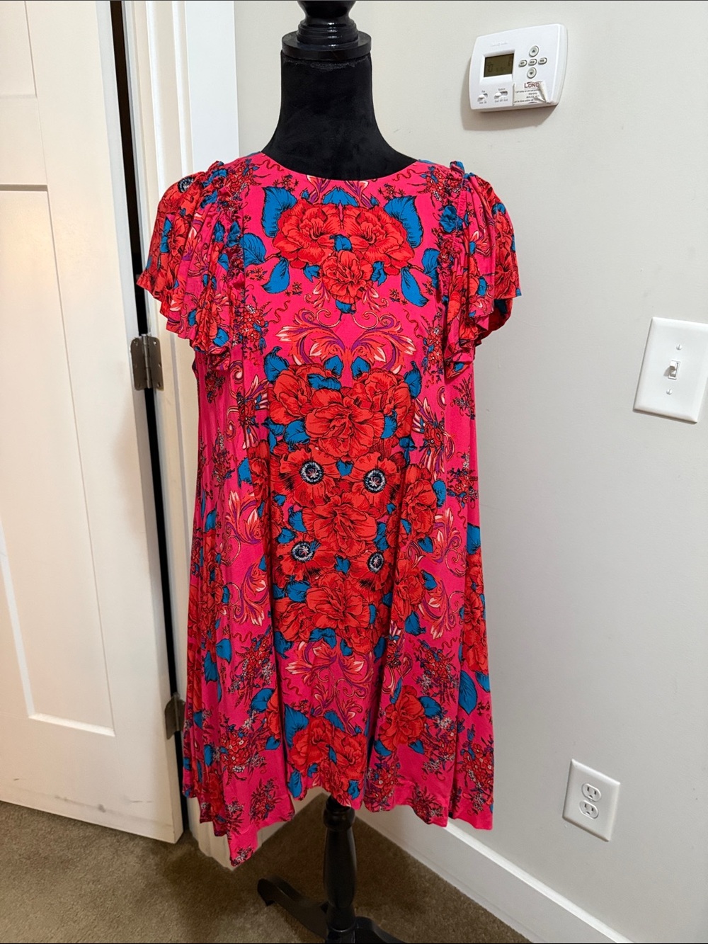 Free People Red/Rouge Floral Dress small  with Blue Accents